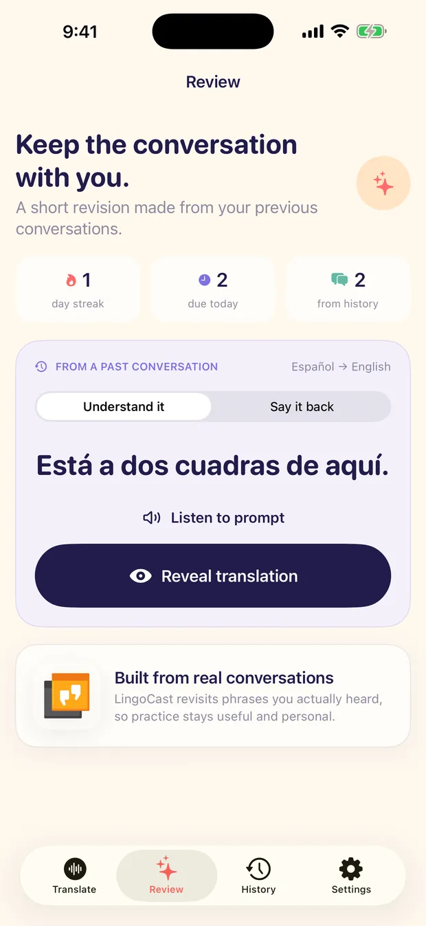 The LingoCast Review screen on iPhone offering Understand it and Say it back practice built from a past conversation.