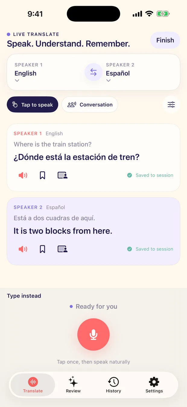 The LingoCast Live Translate screen on iPhone showing an English turn and its Spanish translation, then a Spanish reply translated back into English.