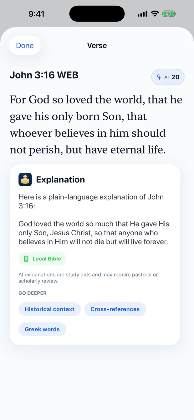 A verse sheet on iPhone showing an AI explanation of John 3:16 labelled as a study aid, with a Local Bible badge and Go deeper options.
