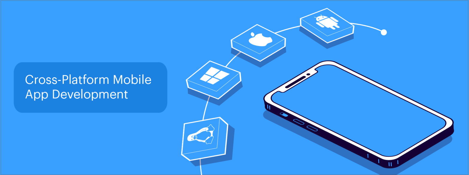 Cross-platform app development illustration showing unified codebase across multiple devices